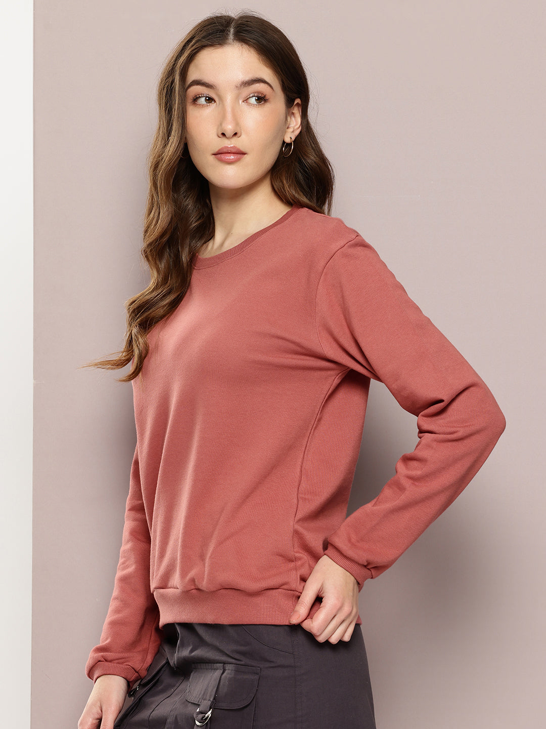 Womens Full Sleeve Round Neck Solid Relaxed Fit Tshirts
