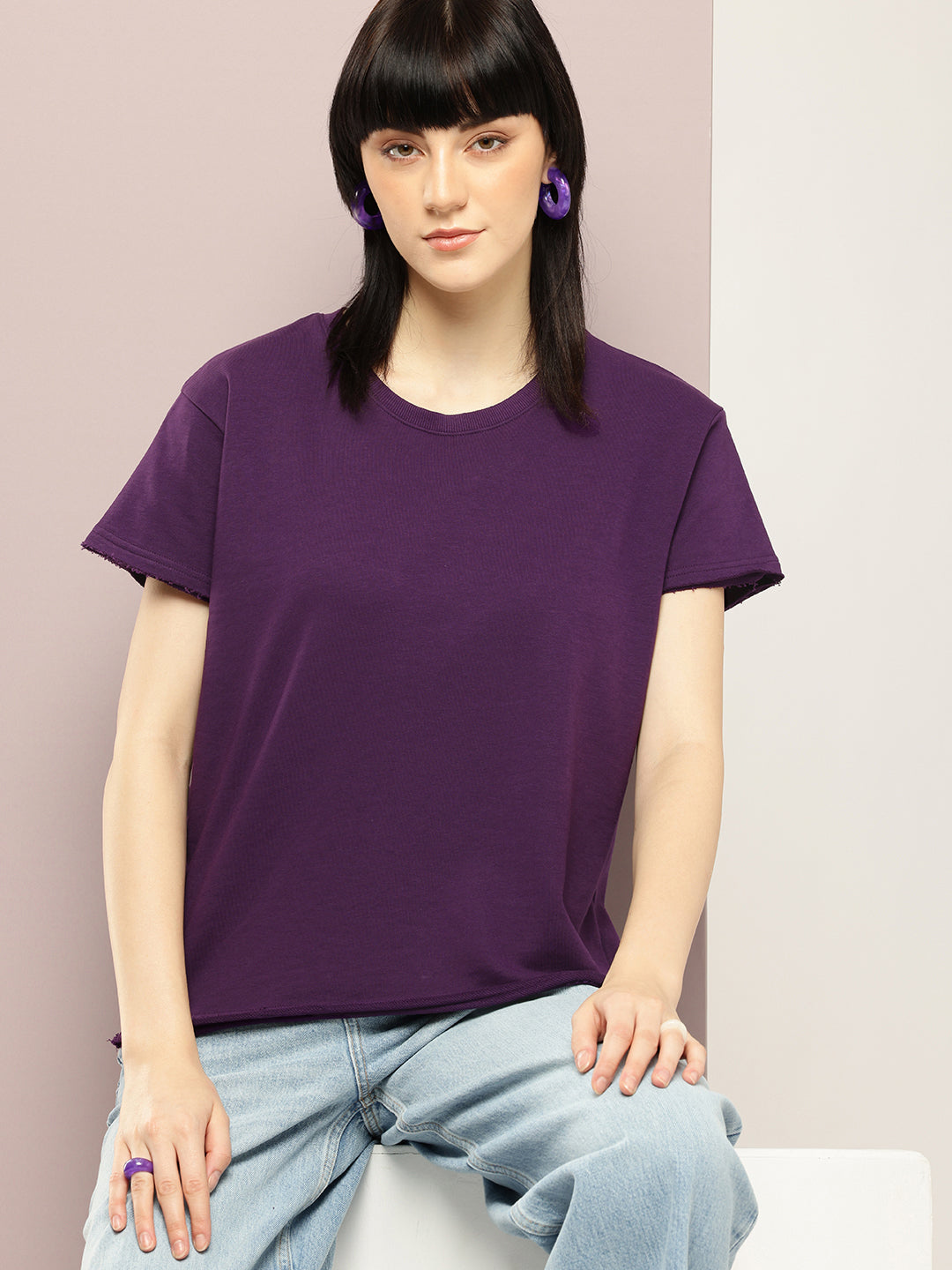 Womens Half Sleeve Round Neck Solid Boxy Fit Tshirts
