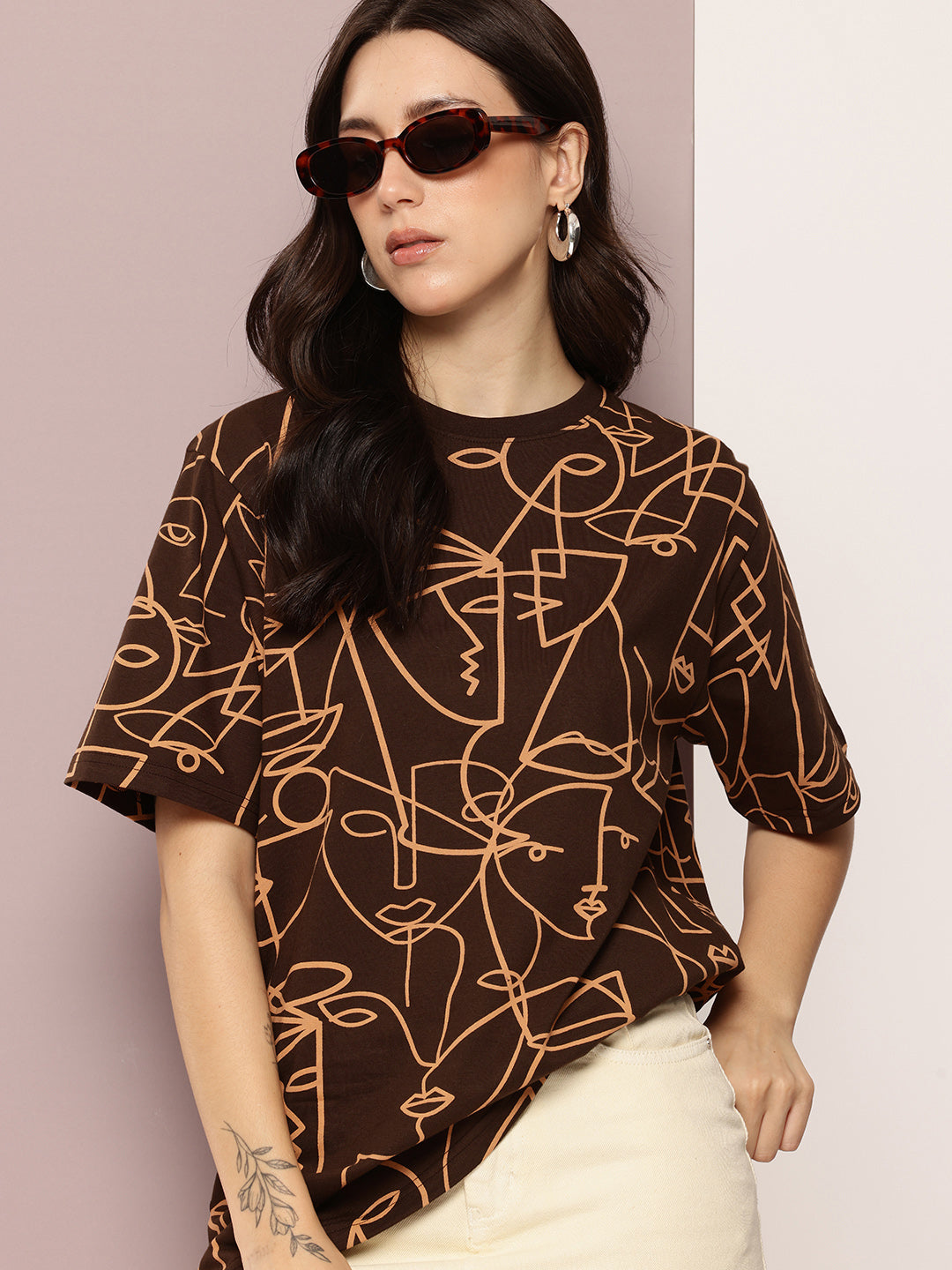 Womens Half Sleeve Round Neck All-Over Printed Oversized Fit Tshirts