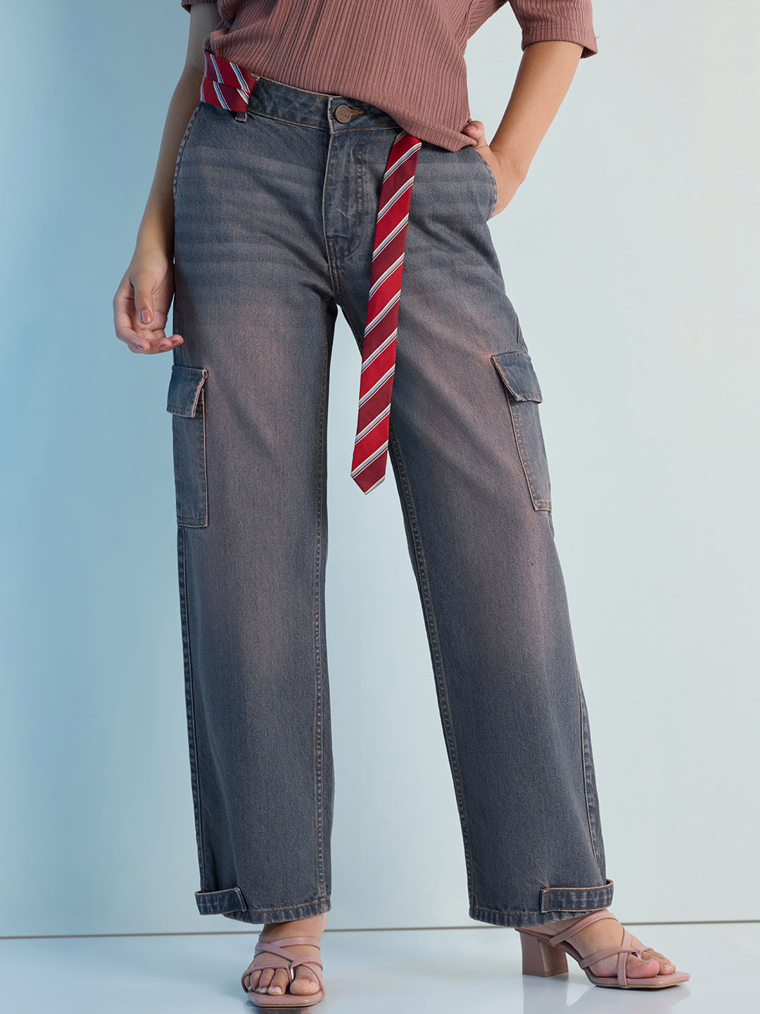 Womens Straight Fit Cargo Denim Jeans Pant