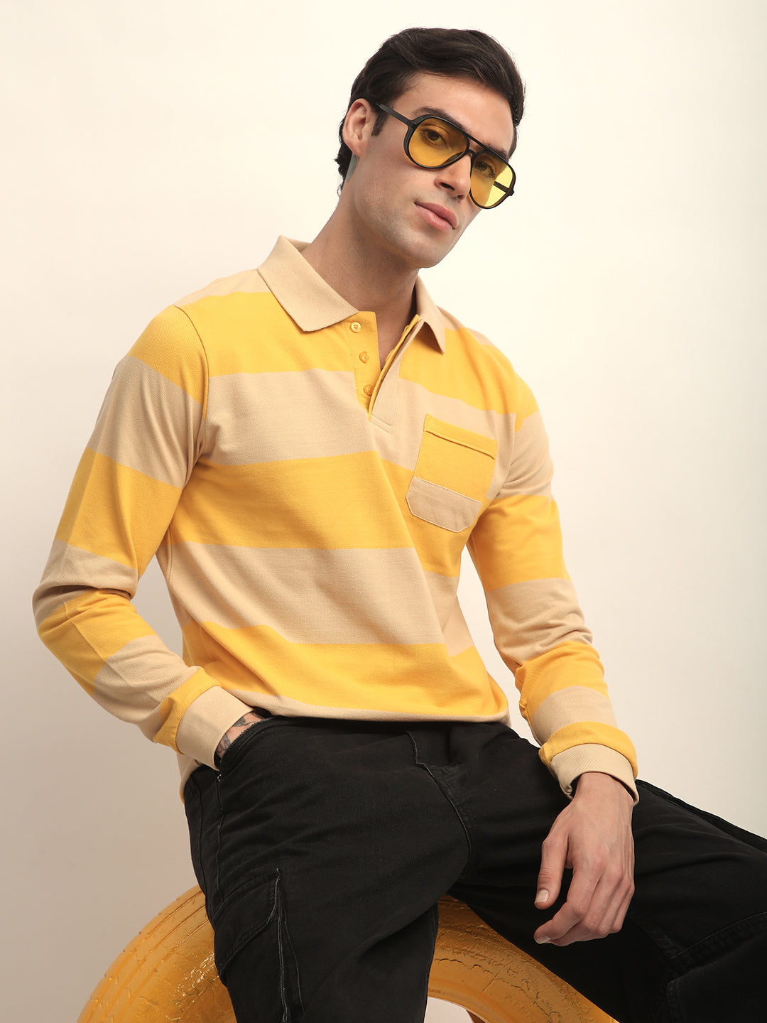 Mens Full Sleeve Polo Neck All-Over Striped Regular Fit Tshirts