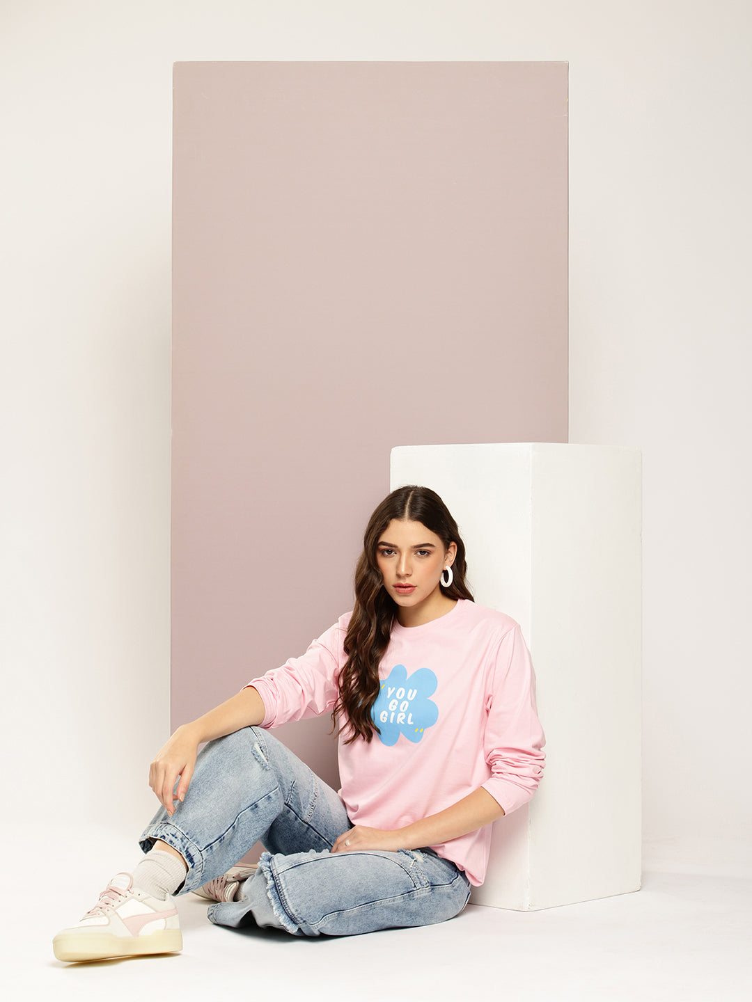 Womens Full Sleeve Round Neck Printed Oversized Fit Tshirts