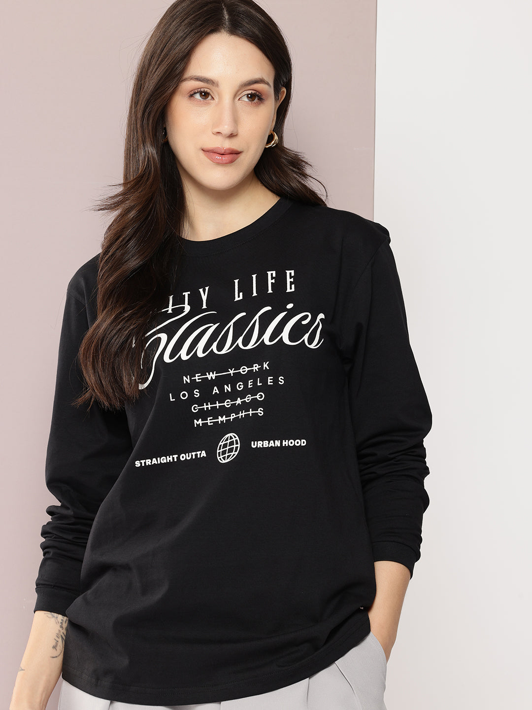 Womens Full Sleeve Round Neck Printed Oversized Fit Tshirts