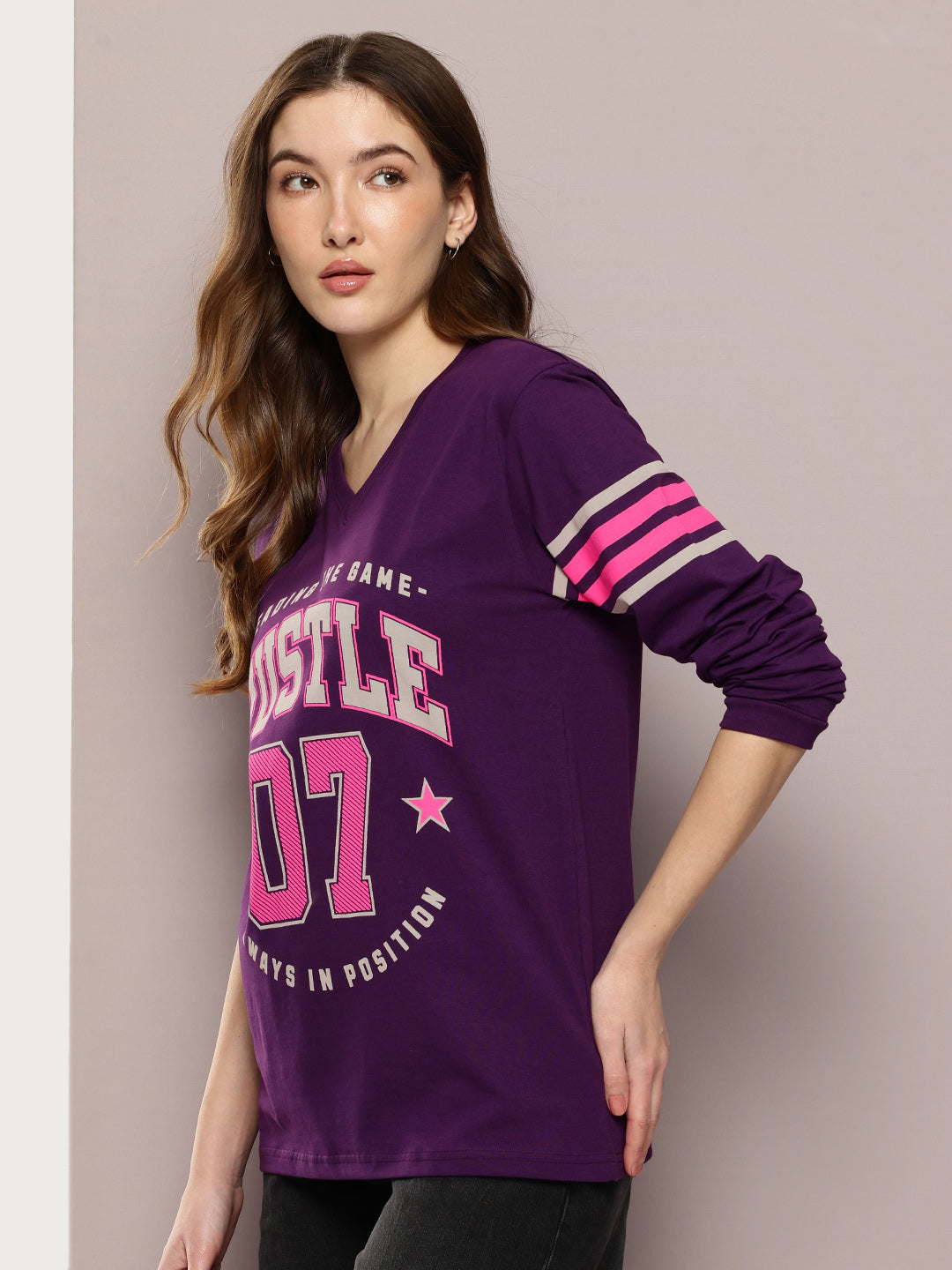 Womens Full Sleeve Round Neck Printed Oversized Fit Tshirts