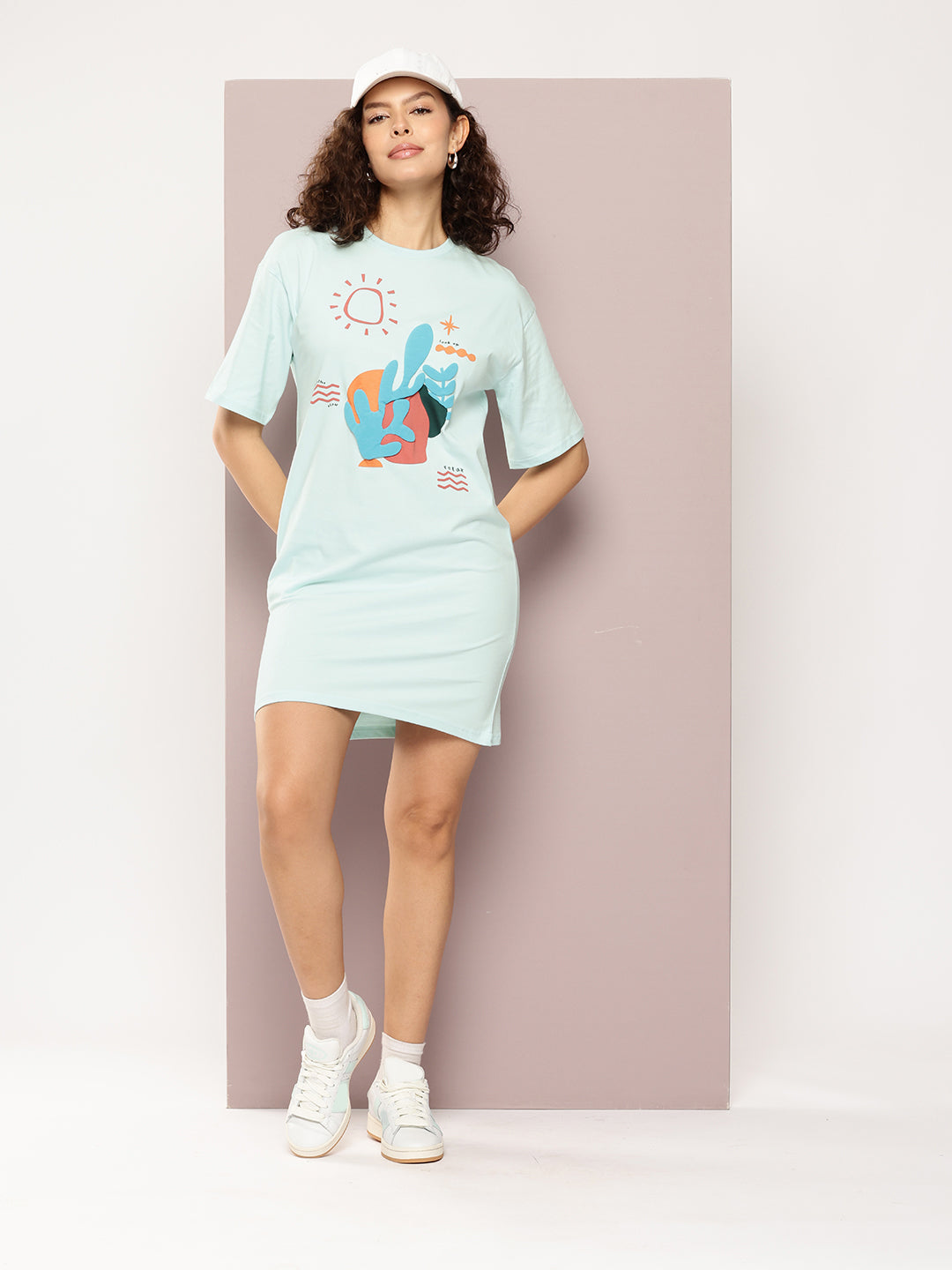 Womens Oversized Short Sleeves Printed Tshirt Dress