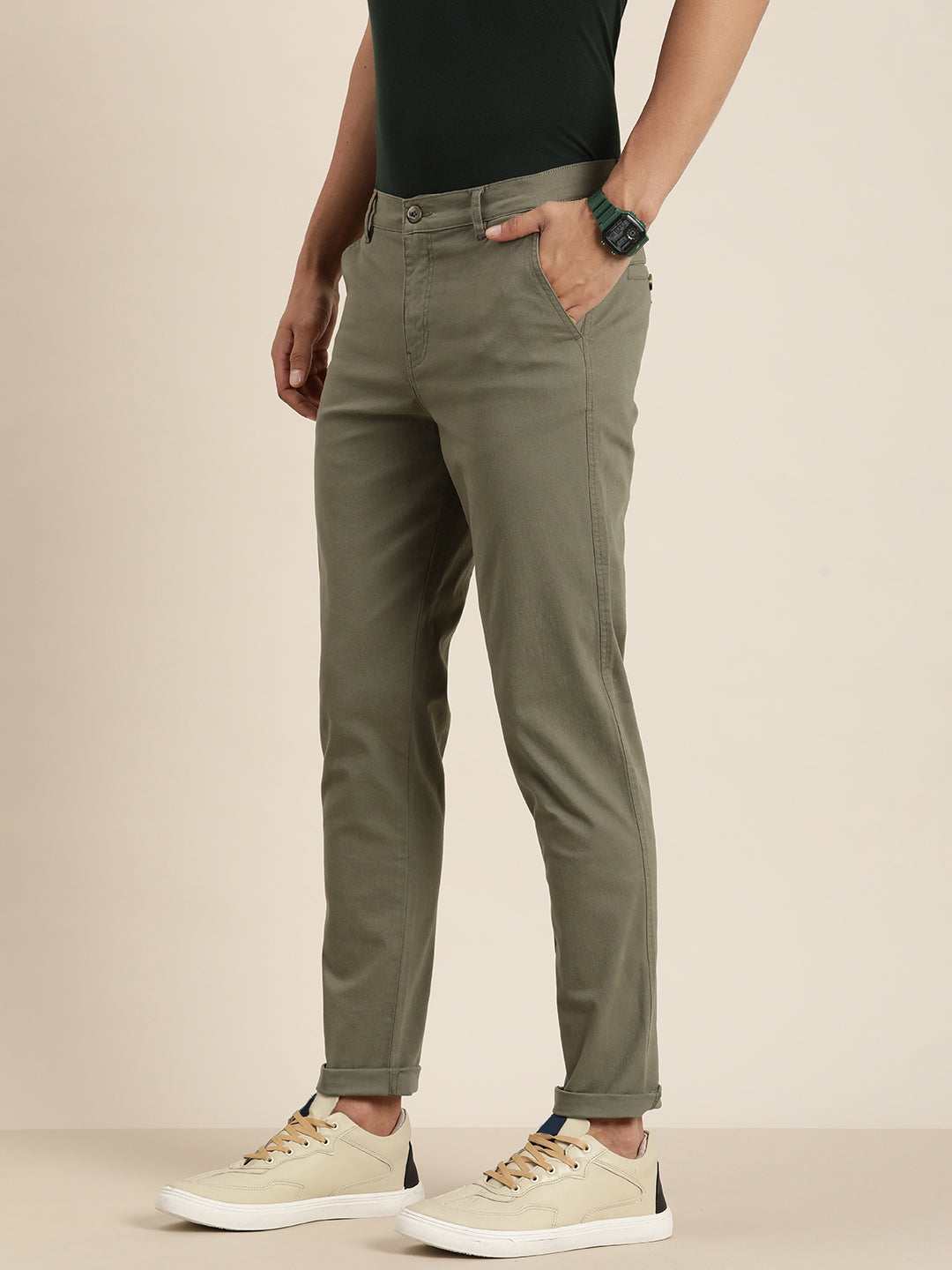 Men Solid Ankle-Length Chinos Trousers