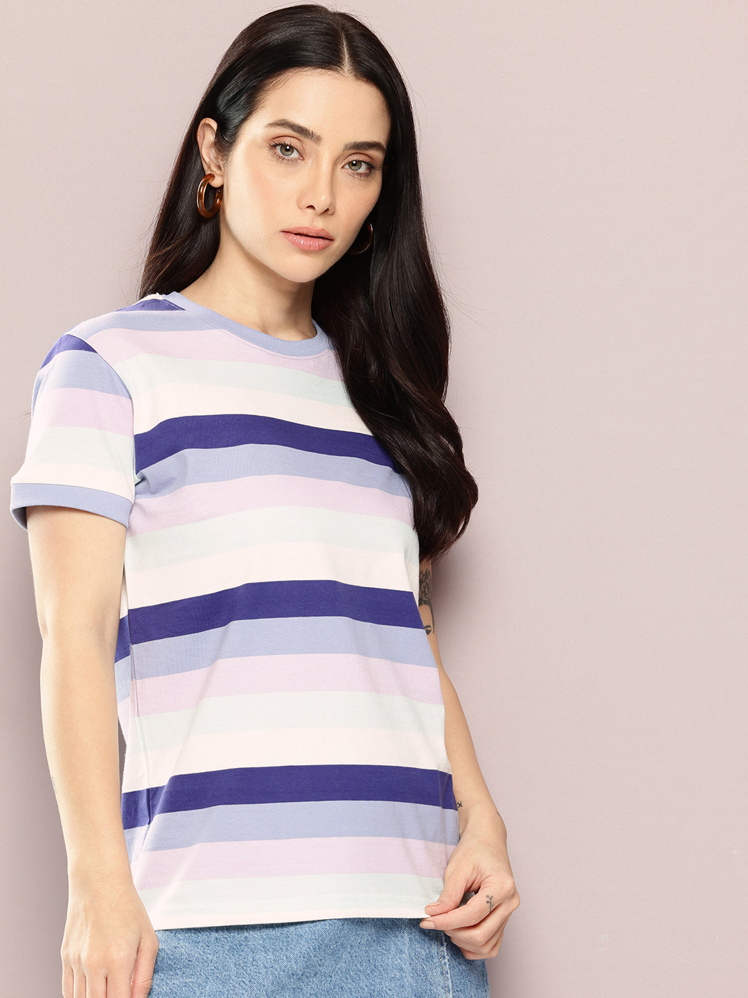 Womens Half Sleeve Round Neck All-Over Striped Regular Fit Tshirts