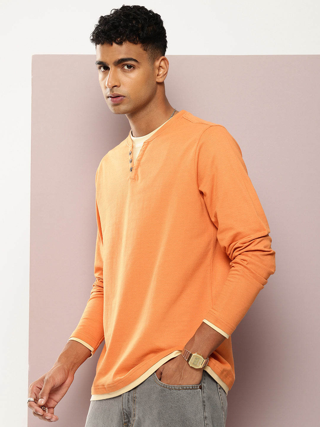 Mens Full Sleeve V-Neck Solid Regular Fit Tshirts