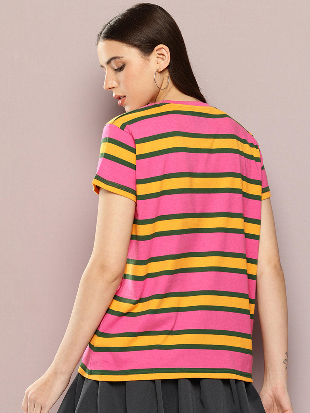 Womens Half Sleeve Round Neck All-Over Striped Boxy Fit Tshirts