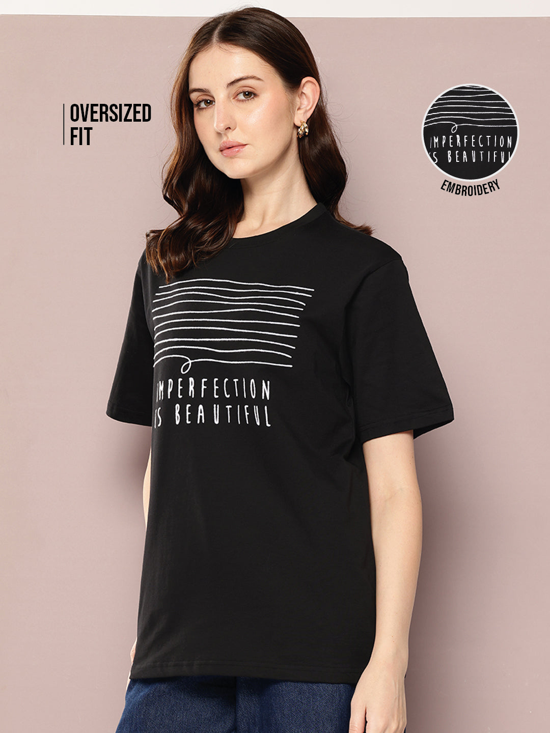 Womens Short Sleeve Embroidery Oversized Fit Tshirt