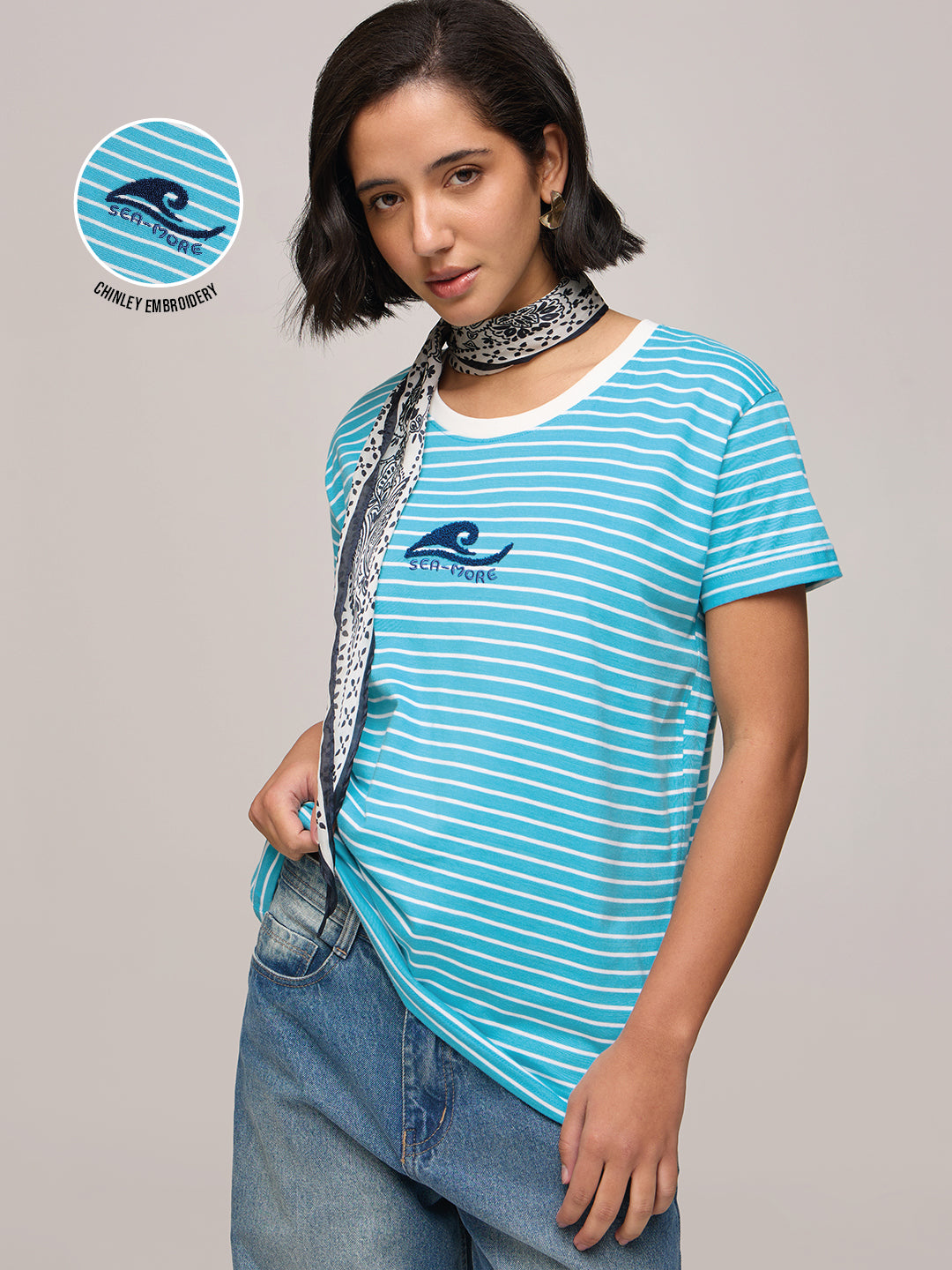 Womens Striped Boxy Regular Fit Cotton T-Shirt
