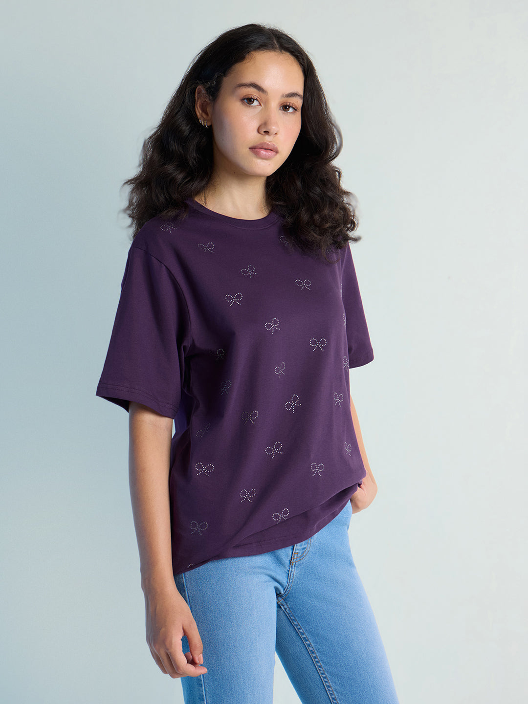 Womens Stud Detailed Oversized Round Neck Tshirt 