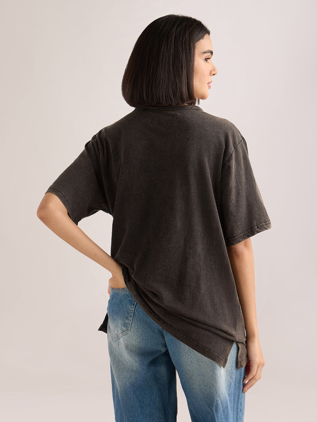 Womens Solid Oversized Slub Jersey Acid Washed  Boat Neck Tshirt