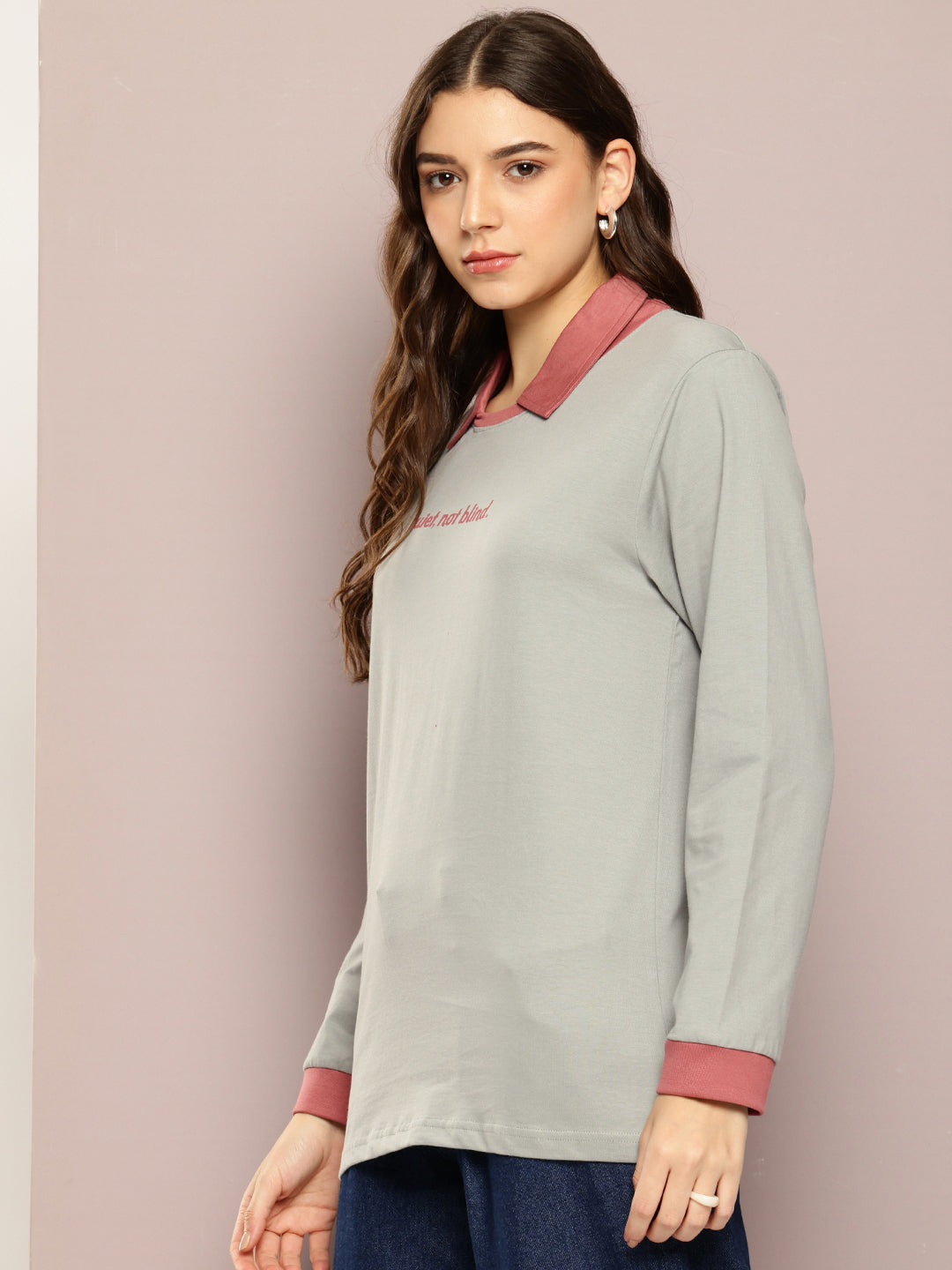 Womens Full Sleeve Polo Neck Printed Oversized Fit Tshirts