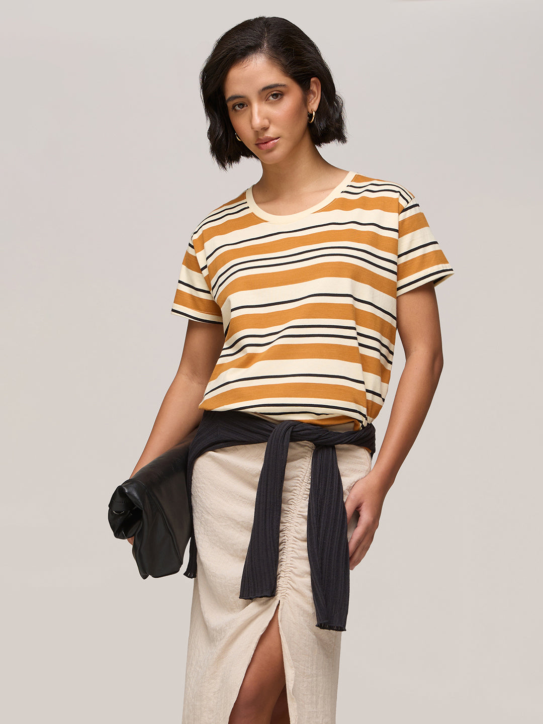 Womens Striped Boxy Regular Fit Cotton T-Shirt