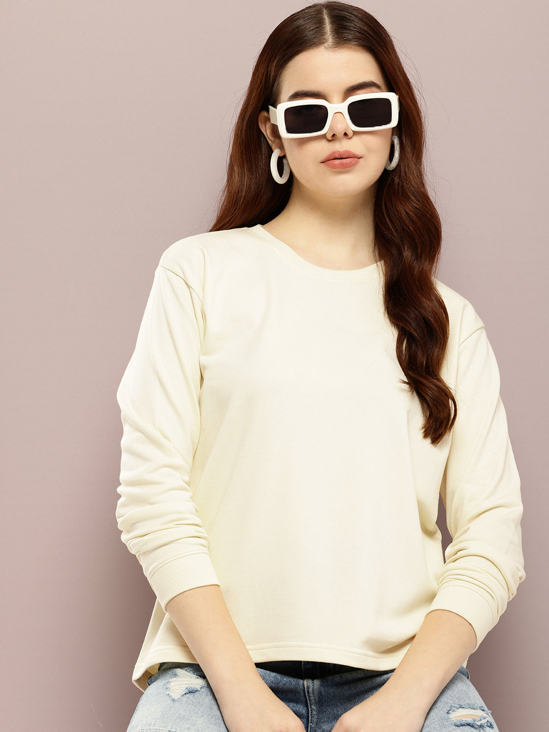 Womens Full Sleeve Round Neck Solid Boxy Fit Tshirts