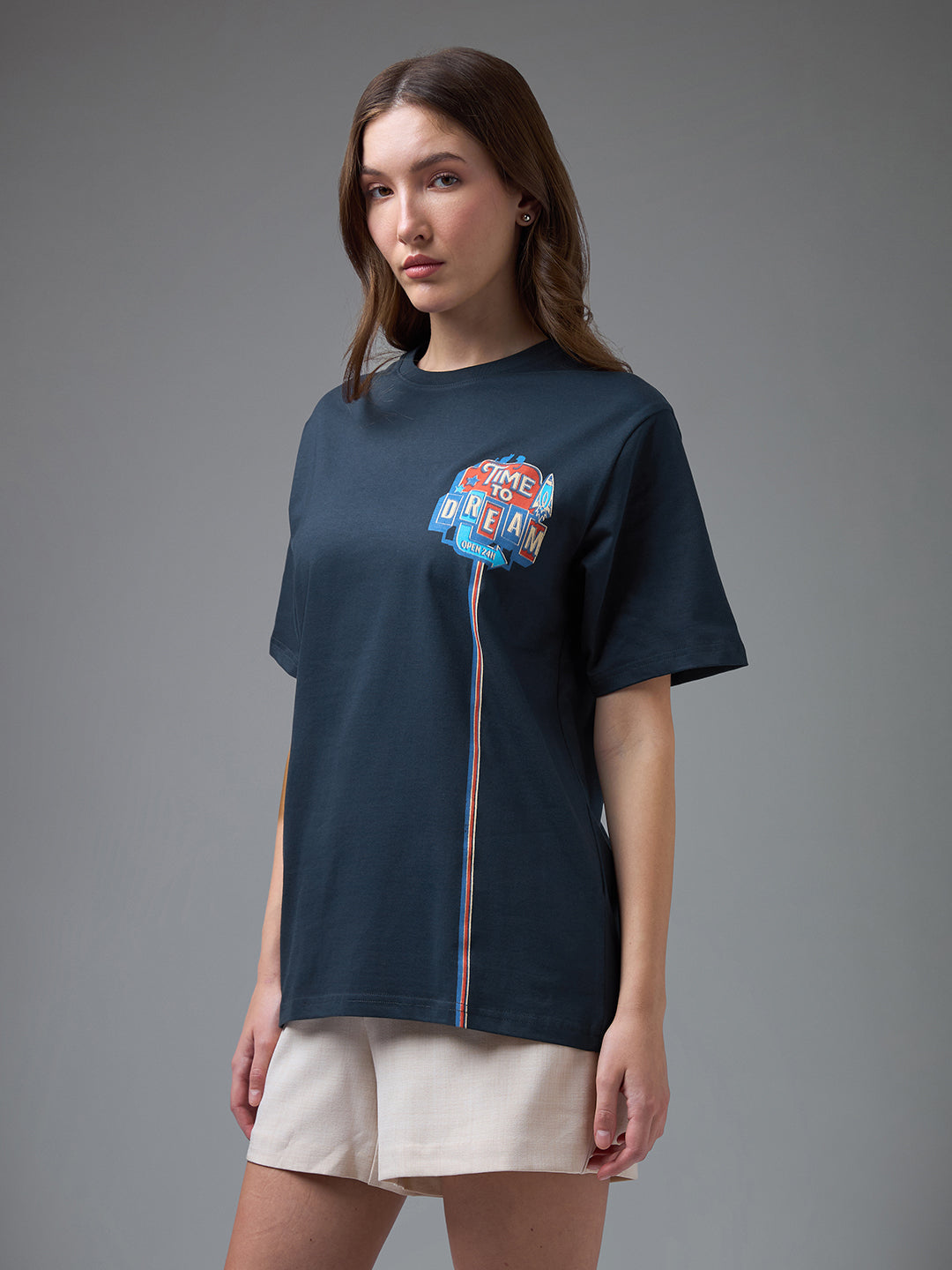 Womens Printed Round Neck Oversized Fit Tshirt