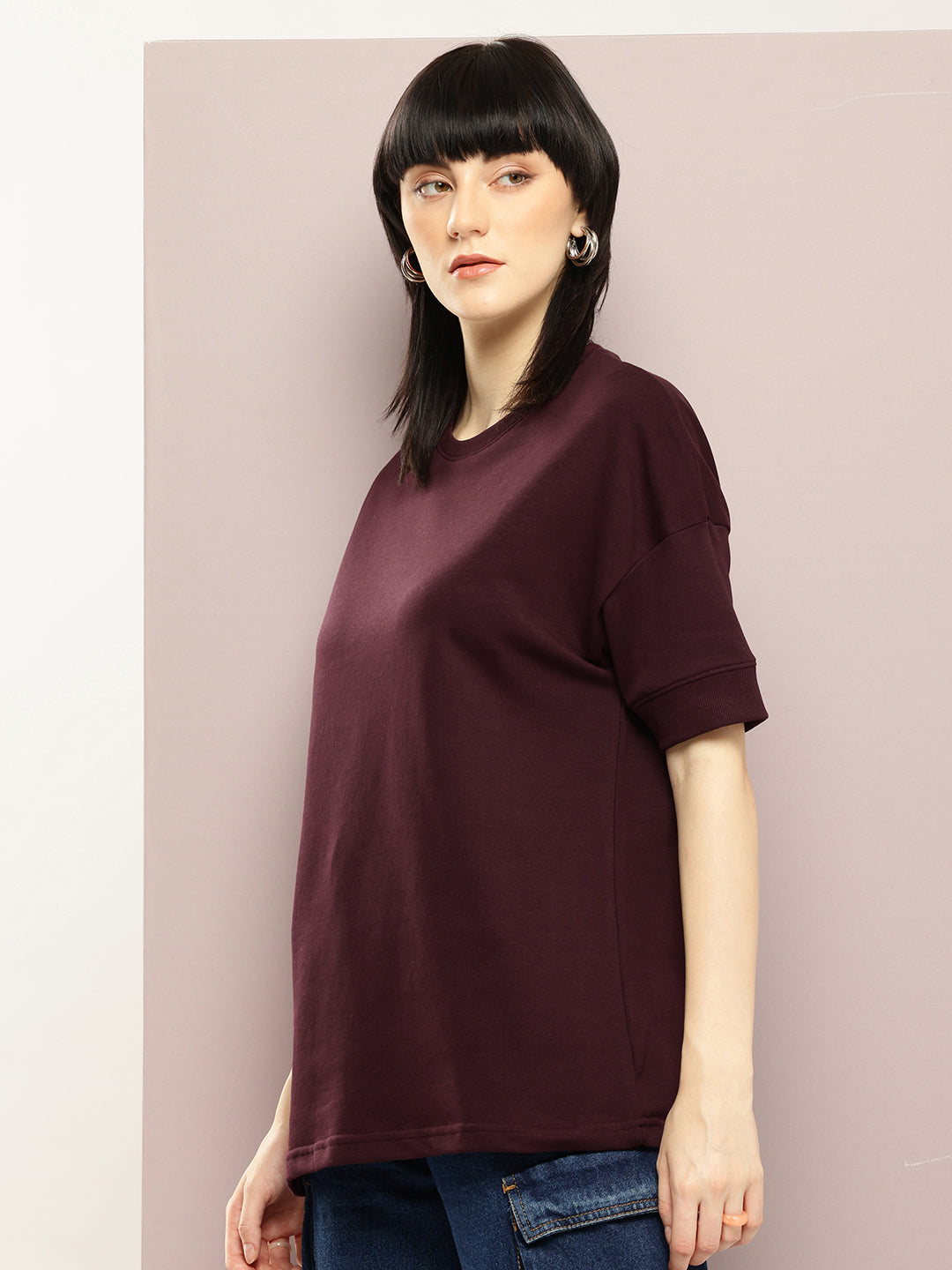 Womens Half Sleeve Round Neck Solid Oversized Fit Tshirts