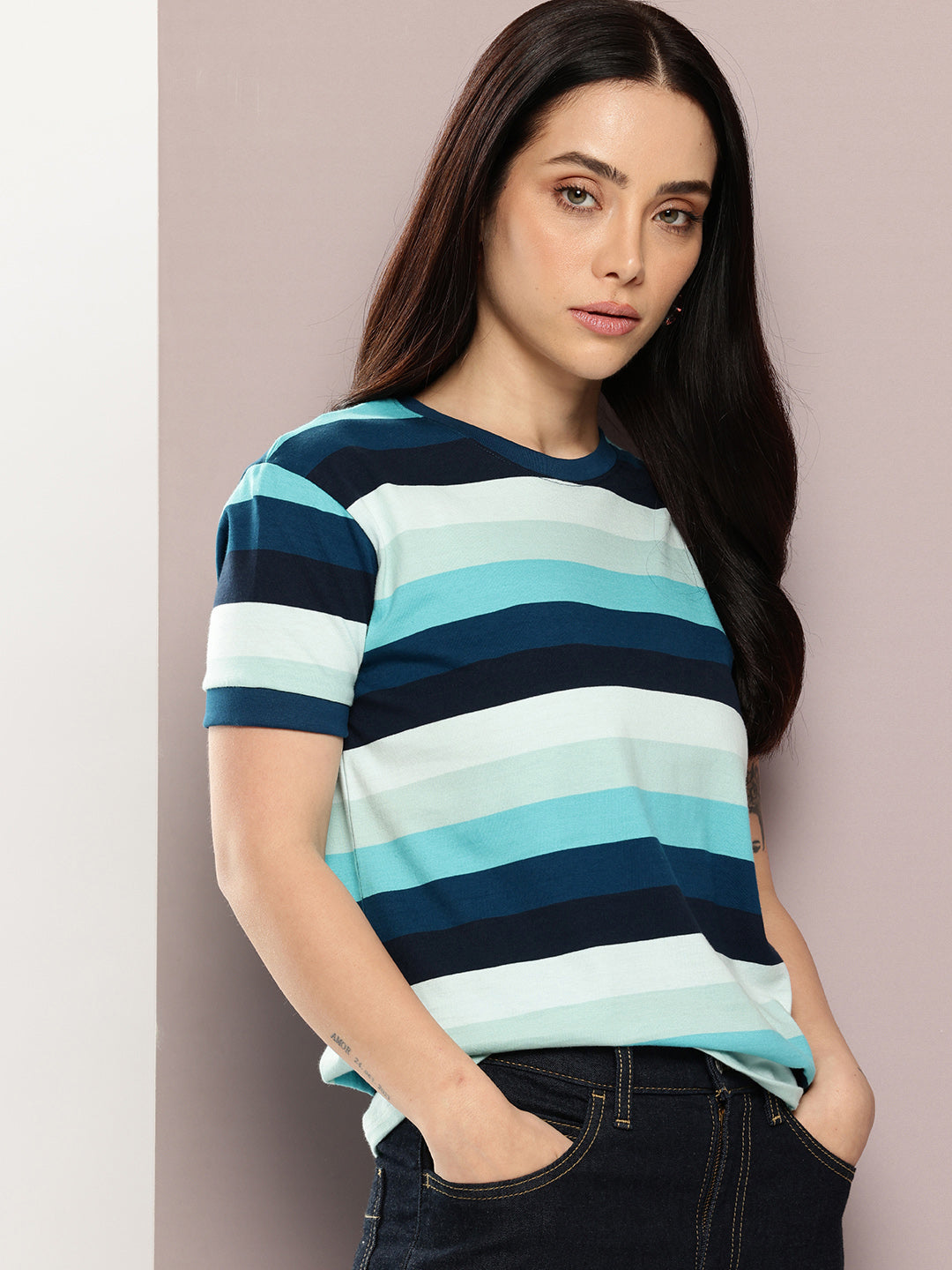 Womens Half Sleeve Round Neck All-Over Striped Regular Fit Tshirts