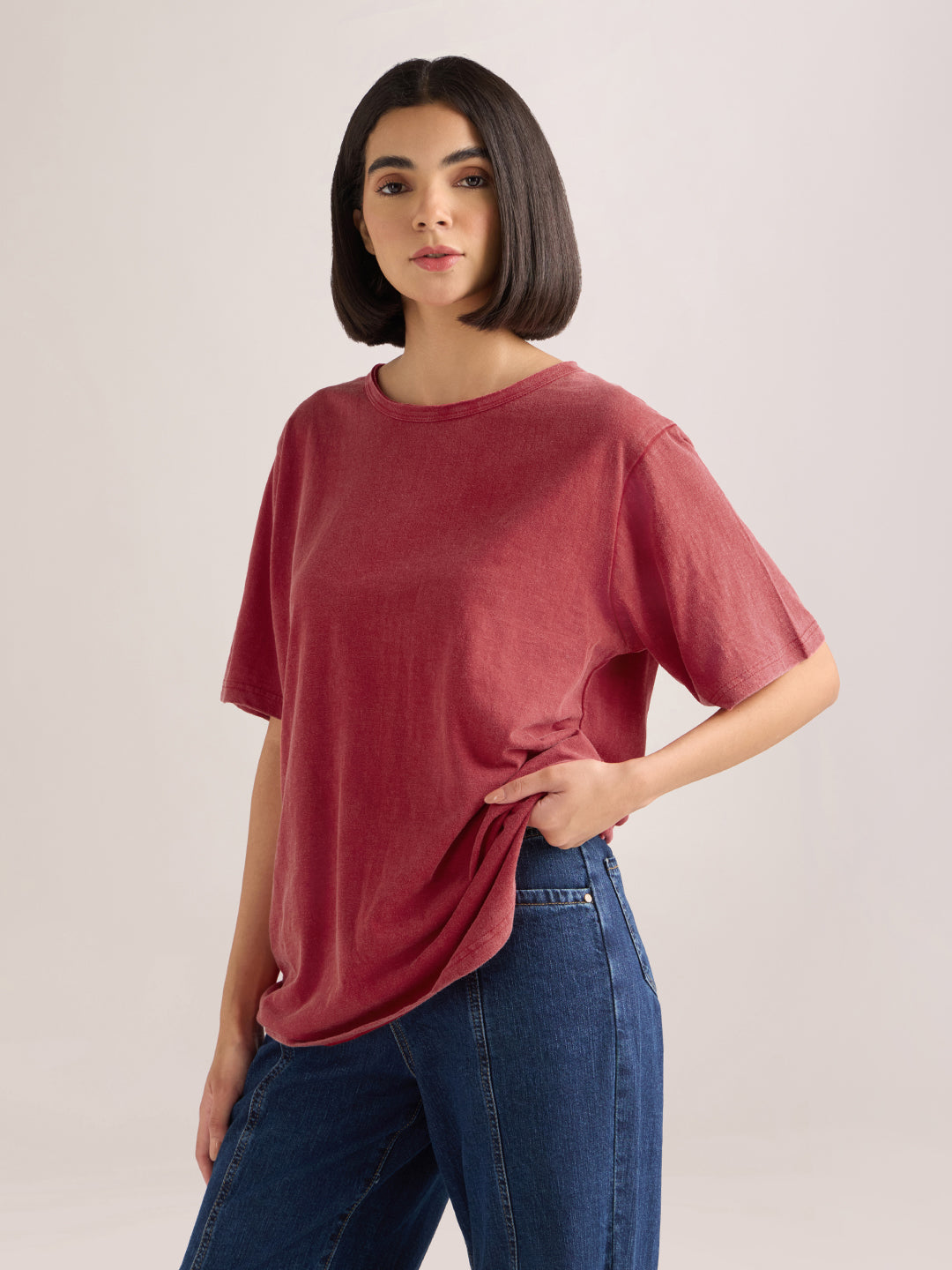Womens Solid Oversized Slub Jersey Acid Washed  Boat Neck Tshirt