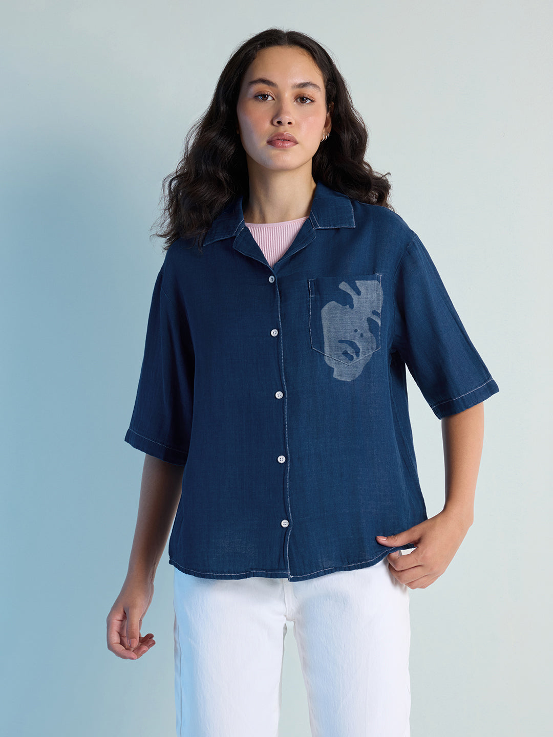 Womens Laser Printed Boxy Regular Cuban Collar Neck Denim Shirt