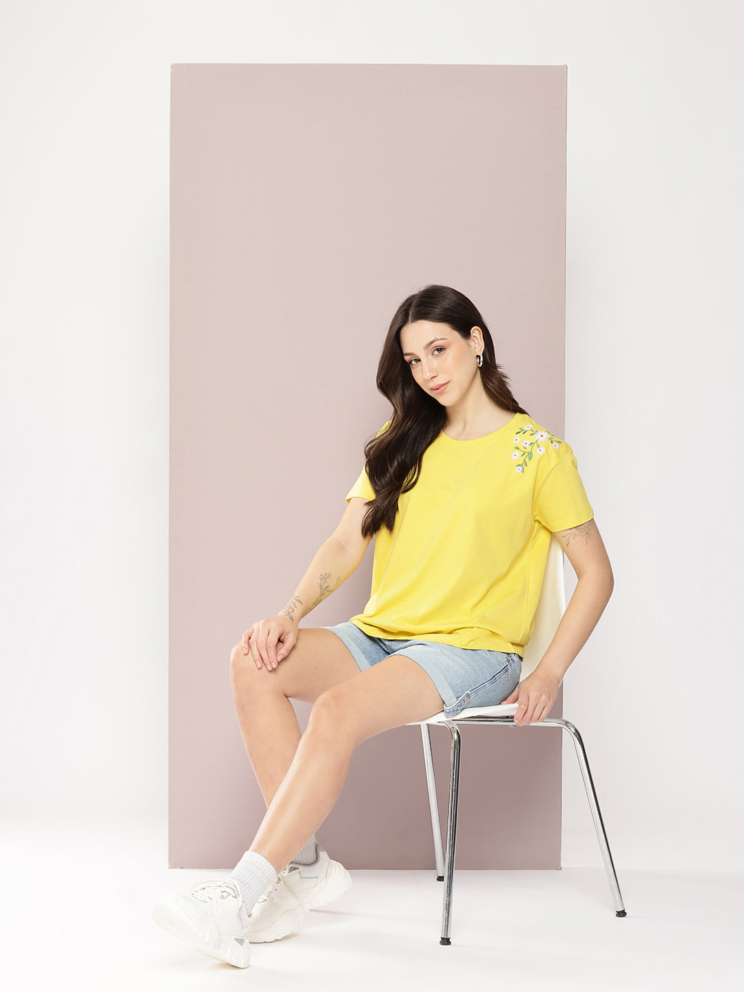 Womens Half Sleeve Round Neck Embroidered Boxy Fit Tshirts