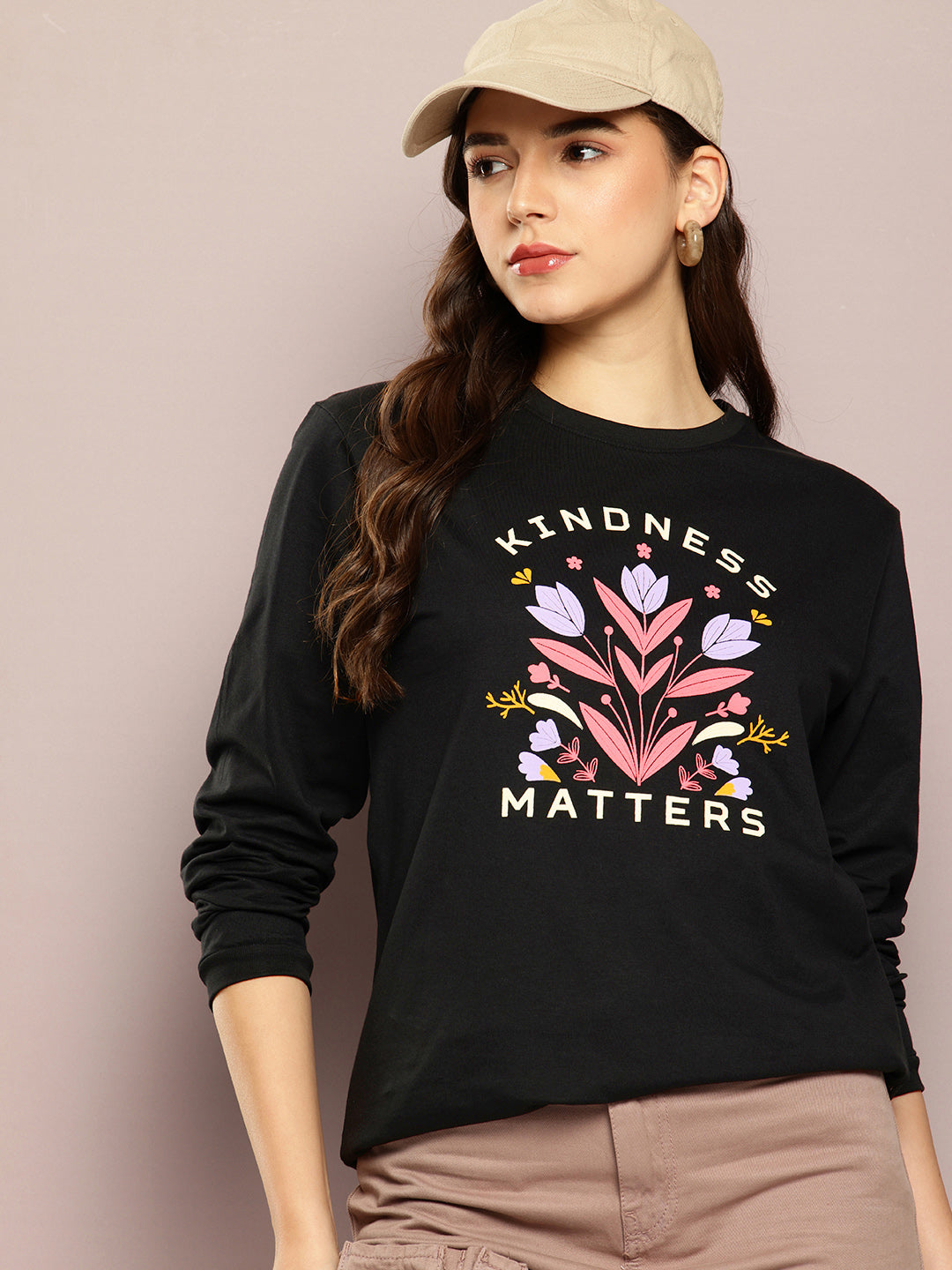 Womens Full Sleeve Round Neck Printed Oversized Fit Tshirts