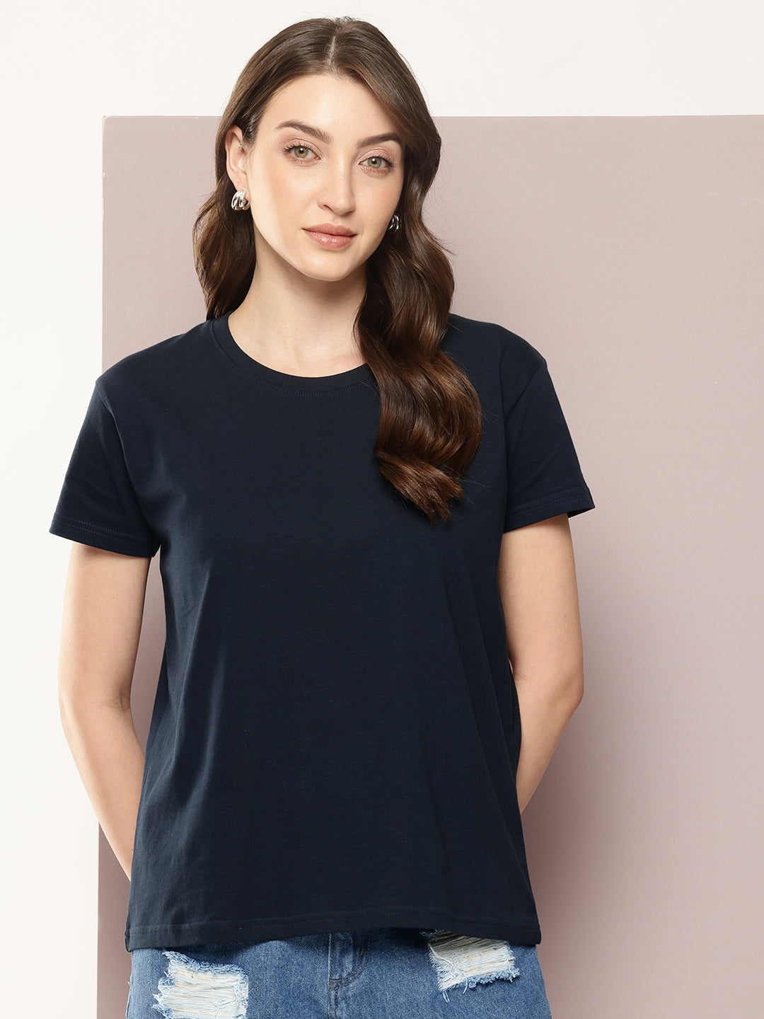 Womens Half Sleeve Round Neck Solid Boxy Fit Tshirts