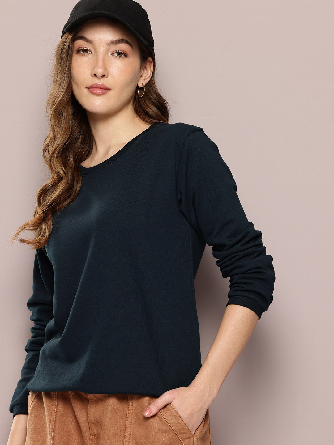 Womens Full Sleeve Round Neck Solid Relaxed Fit Tshirts