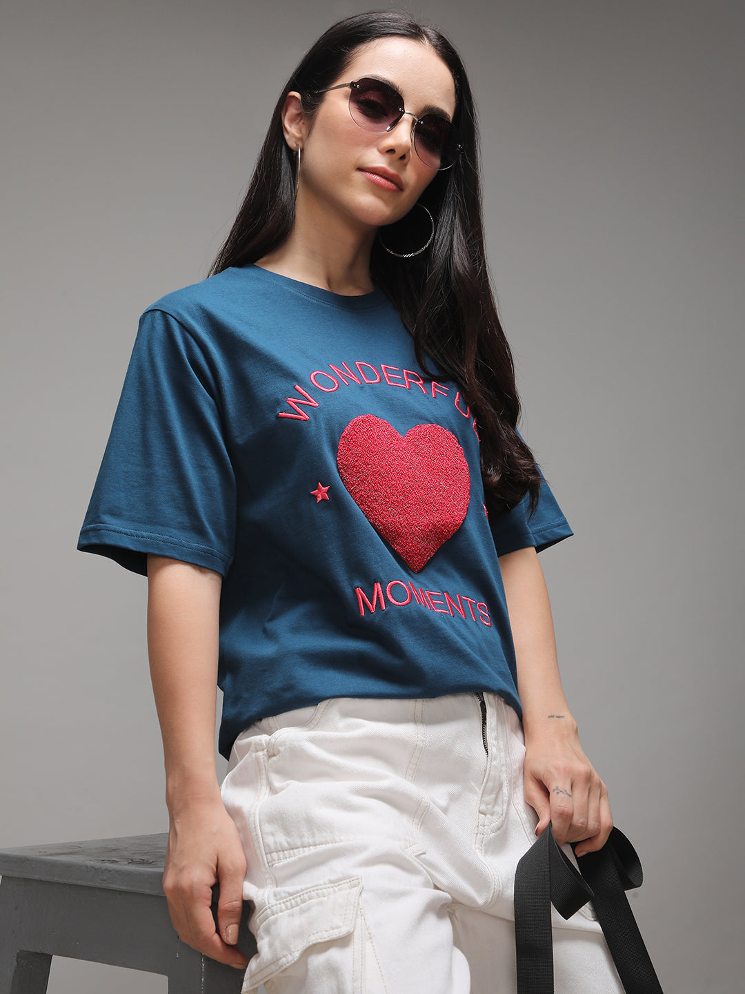 Womens Half Sleeve Round Neck Embroidery Oversized Fit Tshirts