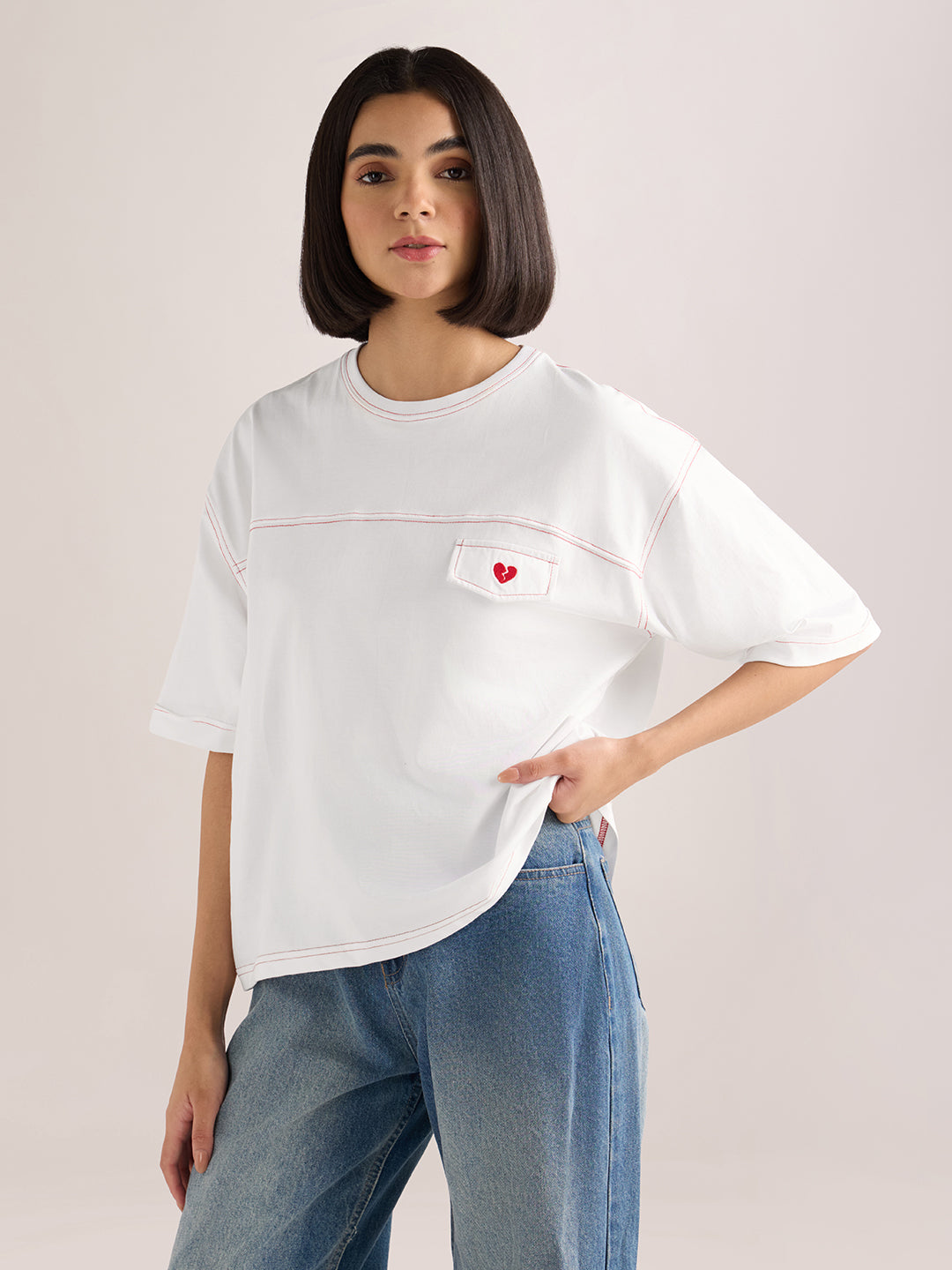 Womens Embroidery Boxy Regular Fit Cut & Sew Cotton Tshirt