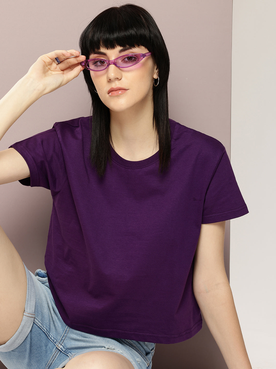 Womens Half Sleeve Round Neck Solid Boxy Fit Tshirts