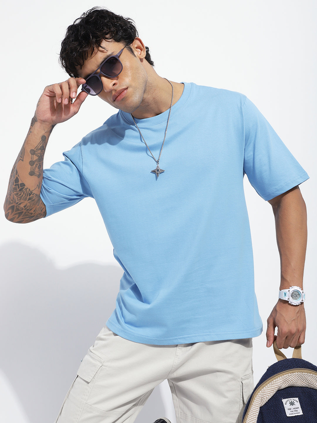 Mens Half Sleeve Round Neck Back Striped Oversized Fit Tshirts