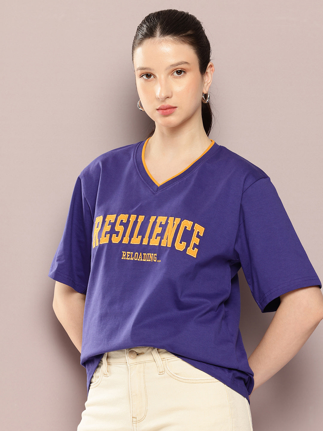 Womens Half Sleeve V-Neck Printed Oversized Fit Tshirts