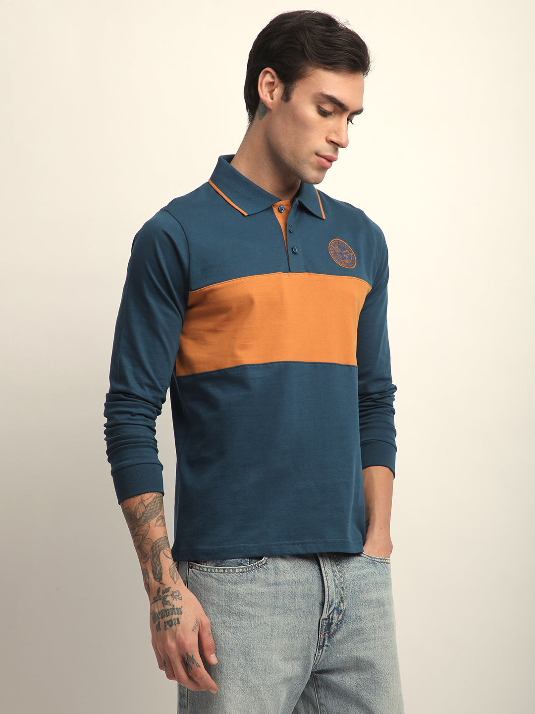 Mens Full Sleeve Polo Neck Self Design Regular Fit Tshirts