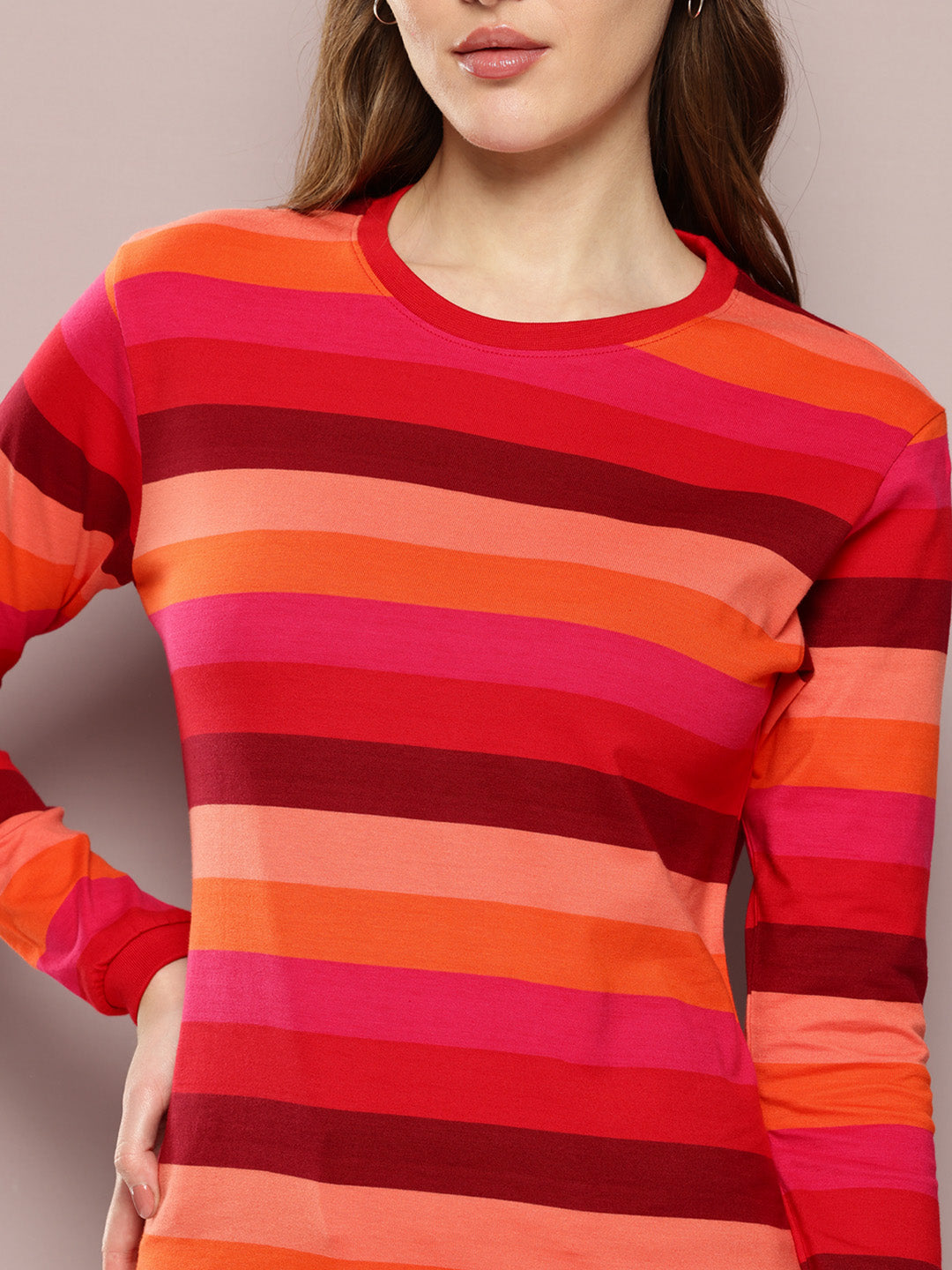 Womens Full Sleeve Round Neck Striped Regular Fit Tshirts