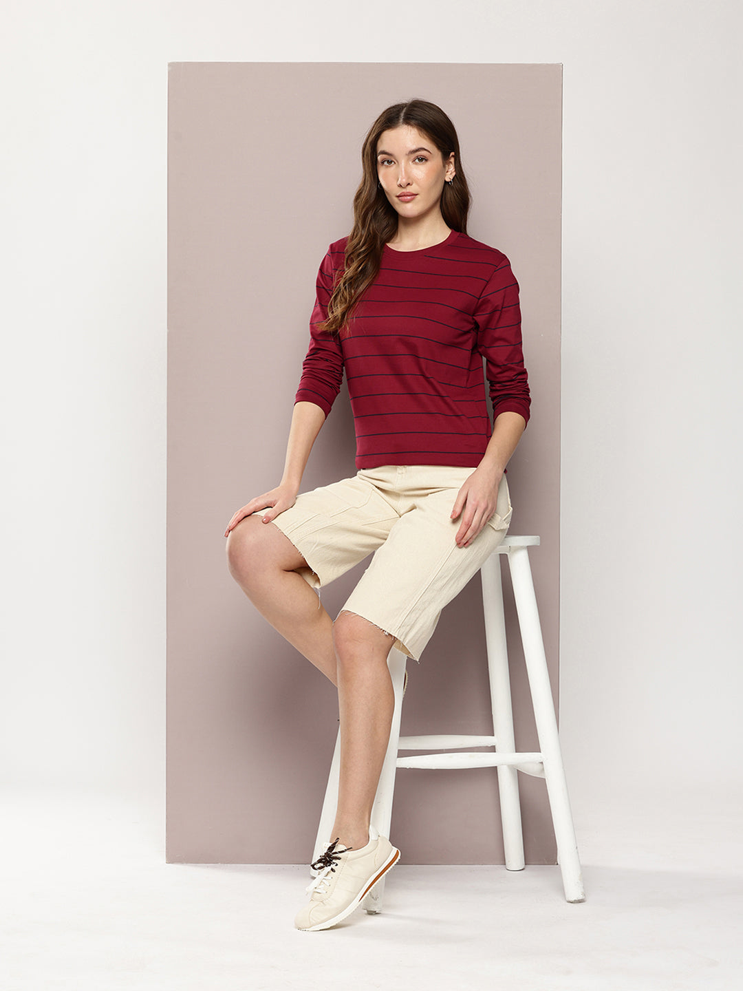 Womens Full Sleeve Round Neck Striped Regular Fit Tshirts