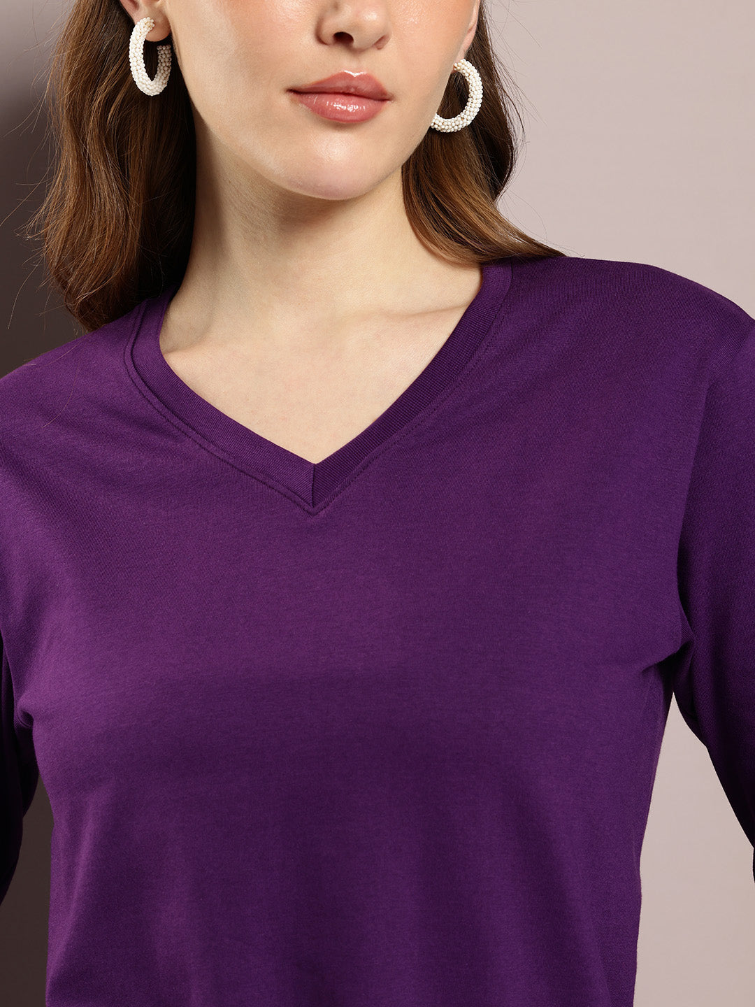 Womens Full Sleeve V-Neck Solid Regular Fit Tshirts