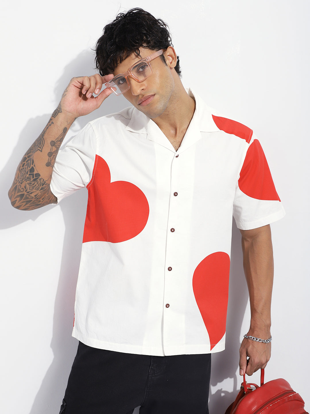 Mens Boxy Regular Short Sleeve Printed White Shirt