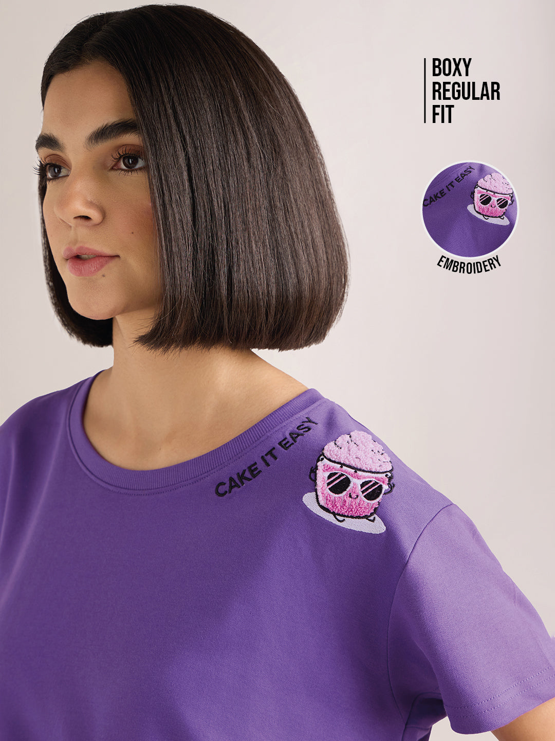 Womens Embroidery Boxy Regular Fit French Terry Cotton Tshirt
