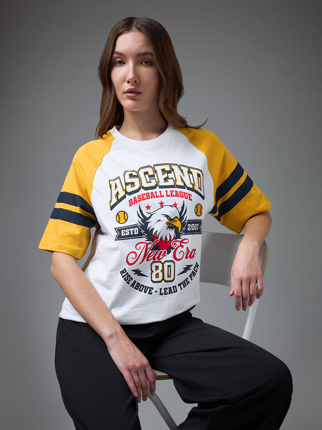 Womens Printed Raglan Sleeves Round Neck Oversized Fit Tshirt