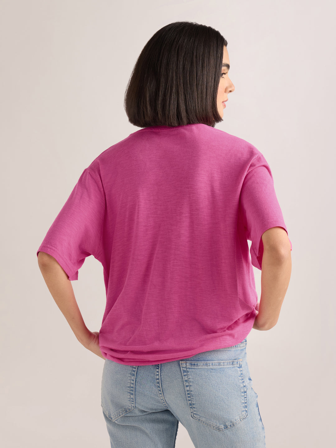 Womens Solid Oversized Cotton Modal V-Neck Tshirt