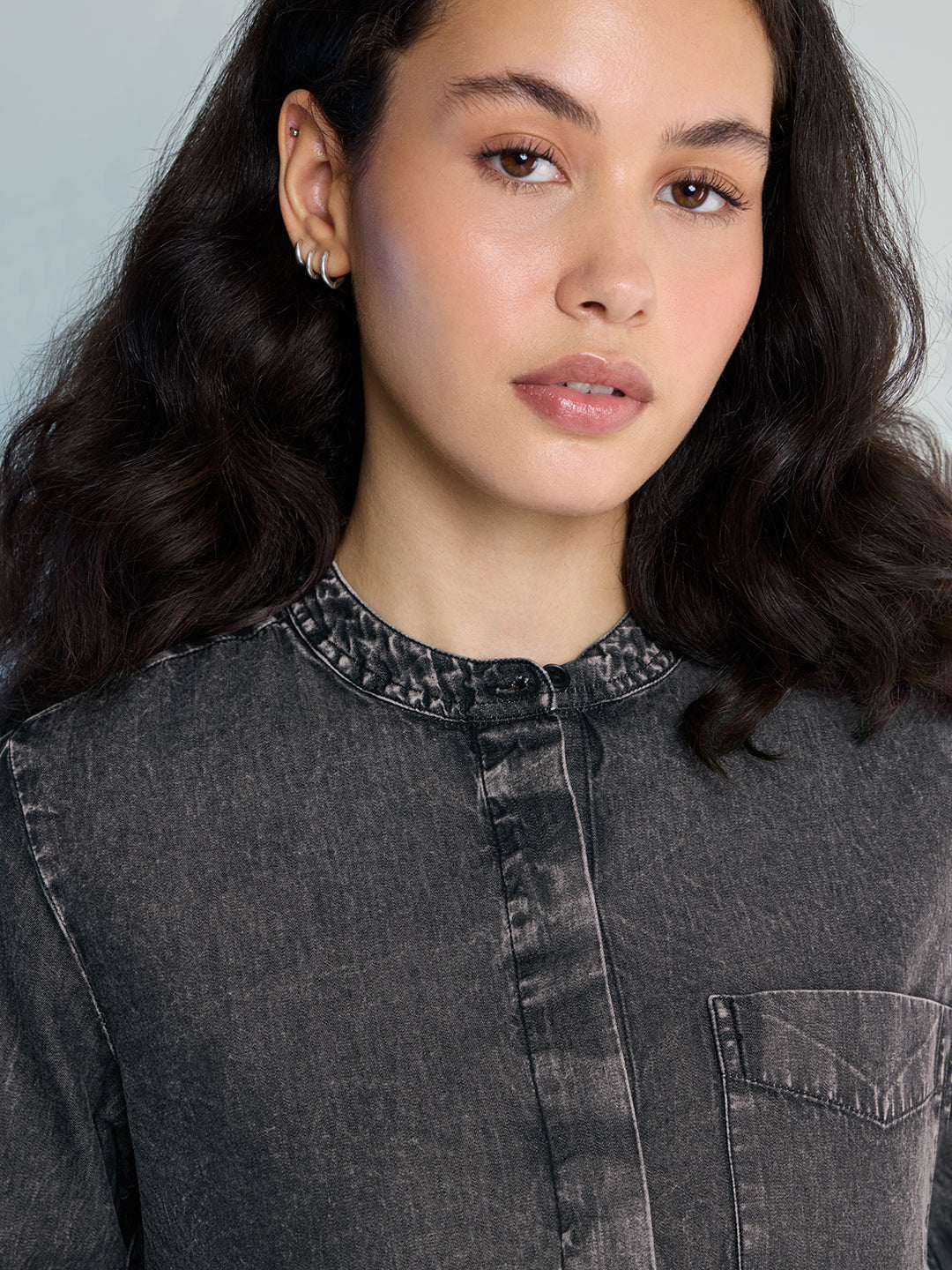 Womens Solid Oxy Bleached Boxy Regular Mandarin Collar Neck Denim Shirt