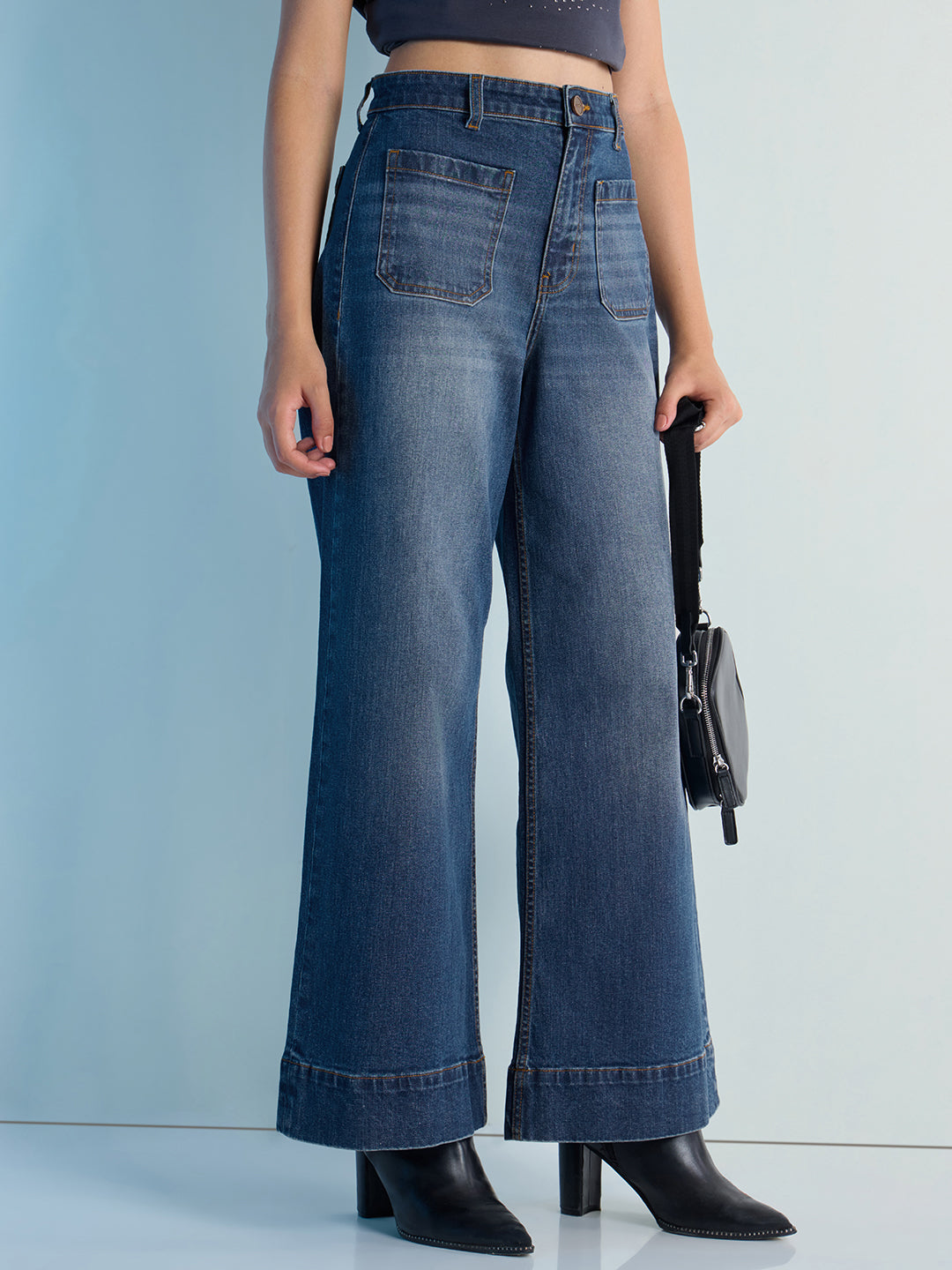 Womens Wide Leg Patch Pocket Denim Jeans Pant