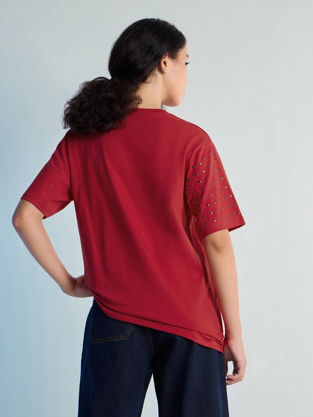 Womens Stud Detailed Oversized Round Neck Tshirt 