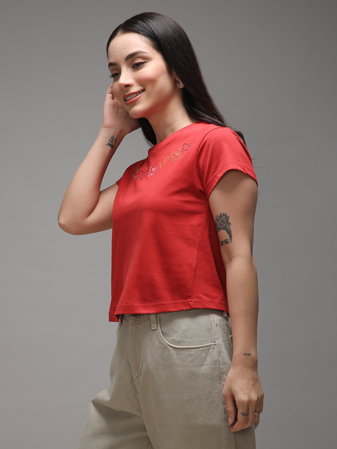 Womens Half Sleeve Round Neck Embroidery Regular Fit Tshirts