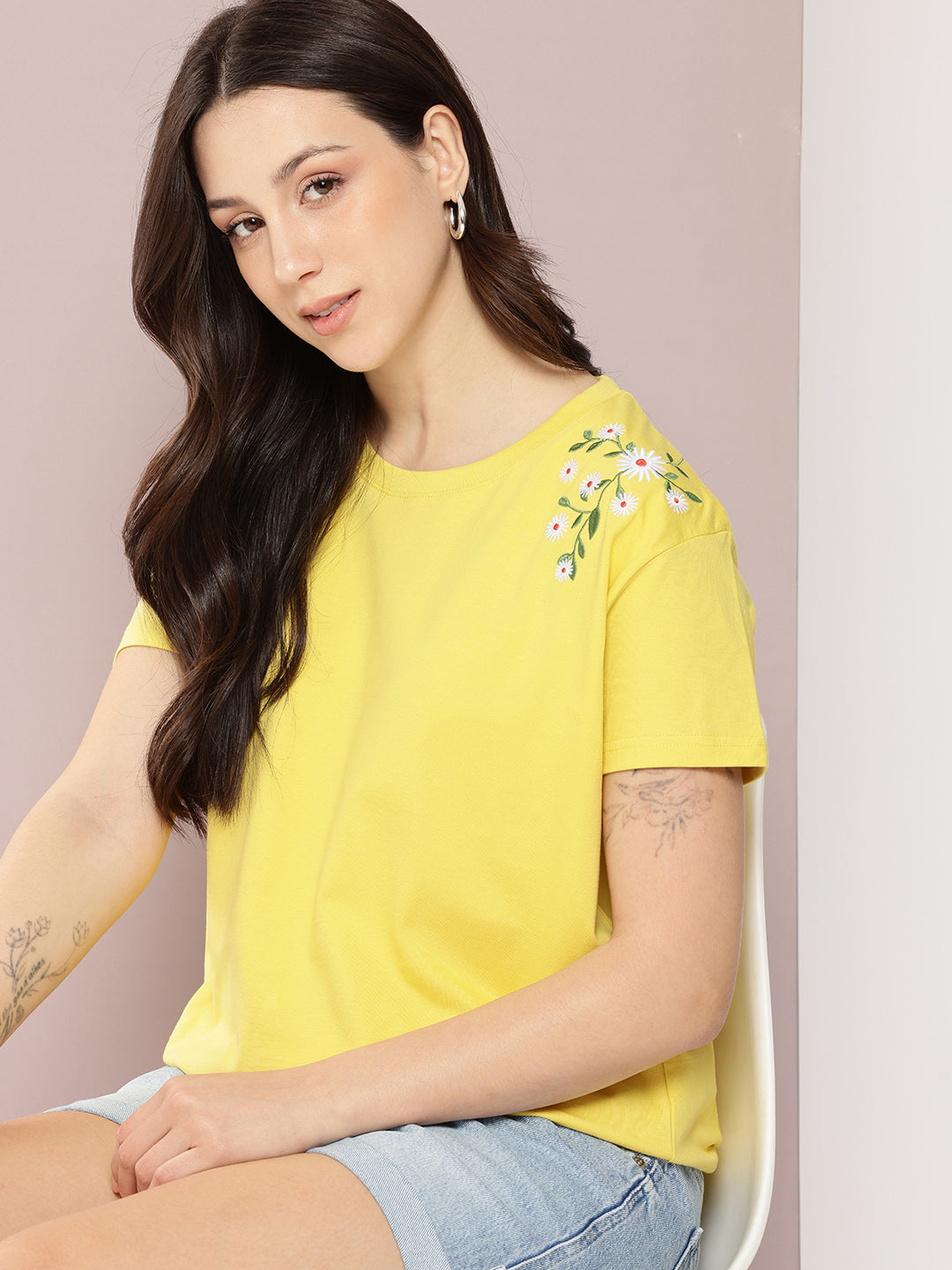 Womens Half Sleeve Round Neck Embroidered Boxy Fit Tshirts