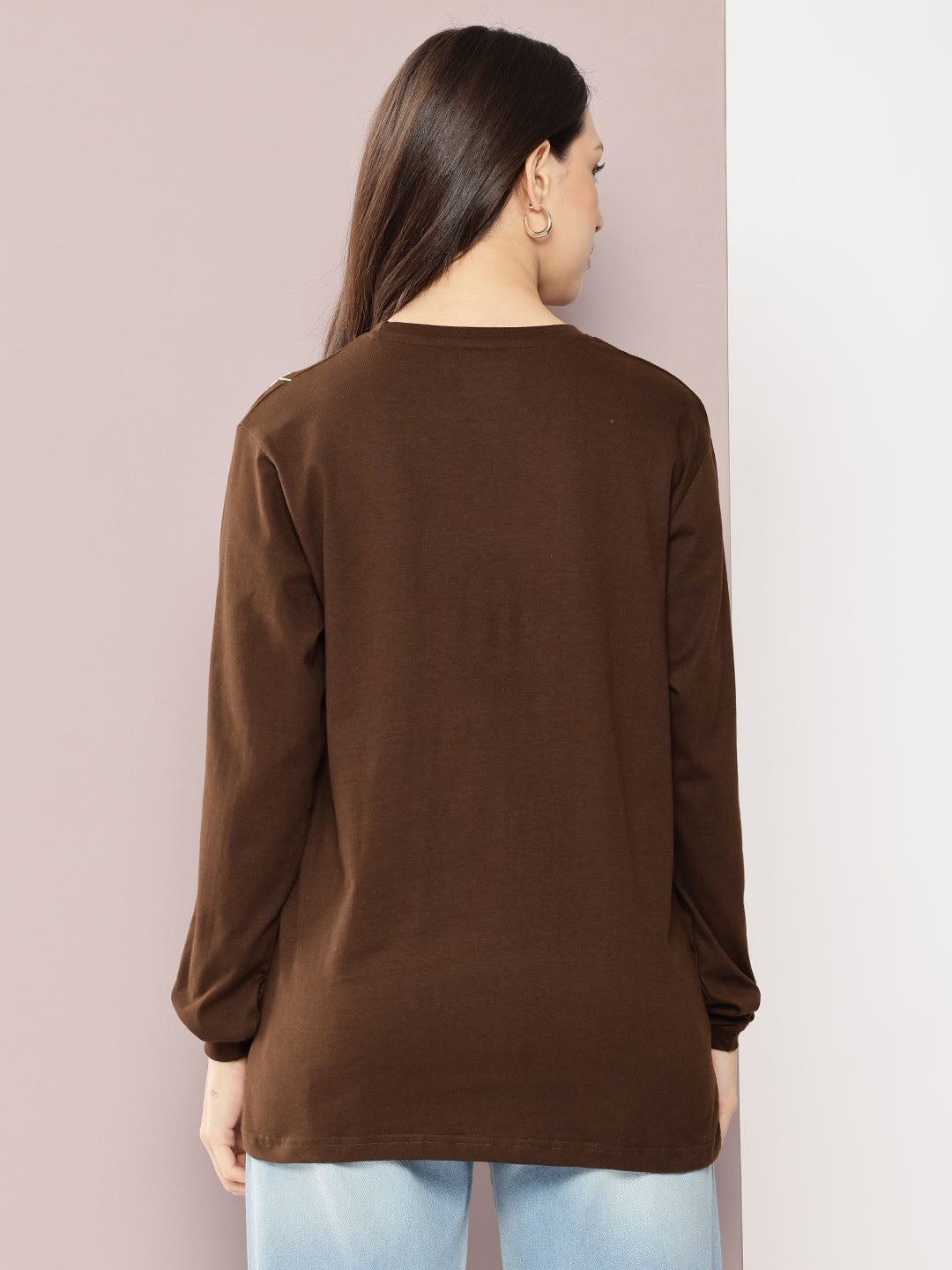 Womens Full Sleeve Round Neck Embroidered Oversized Fit Tshirts