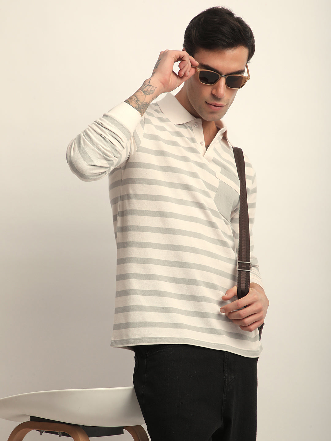 Mens Full Sleeve Polo Neck All-Over Striped Regular Fit Tshirts