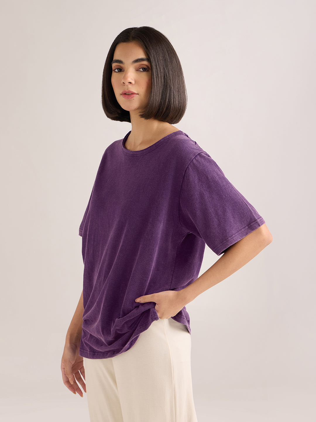 Womens Solid Oversized Slub Jersey Acid Washed  Boat Neck Tshirt